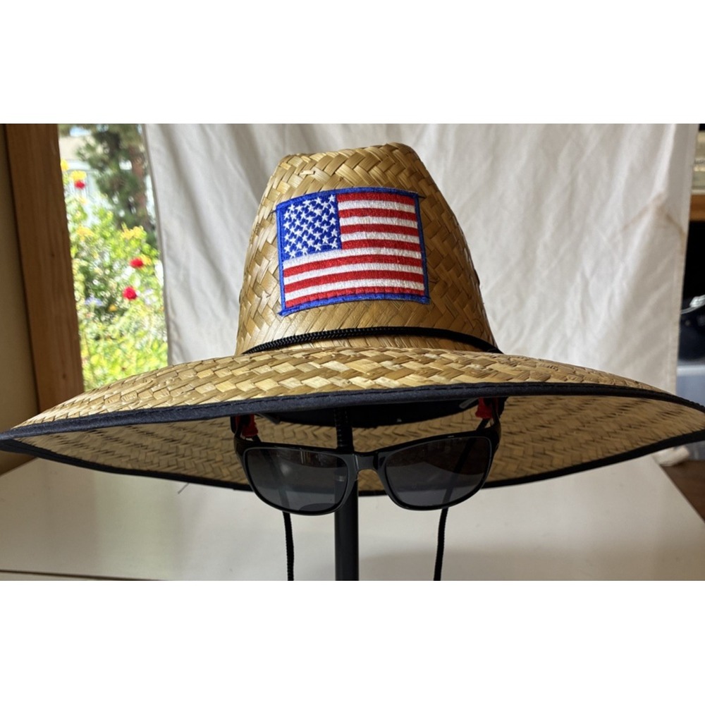 "Sunglass Saver" USA Straw Hat w/Tabs to Hold Sunglasses